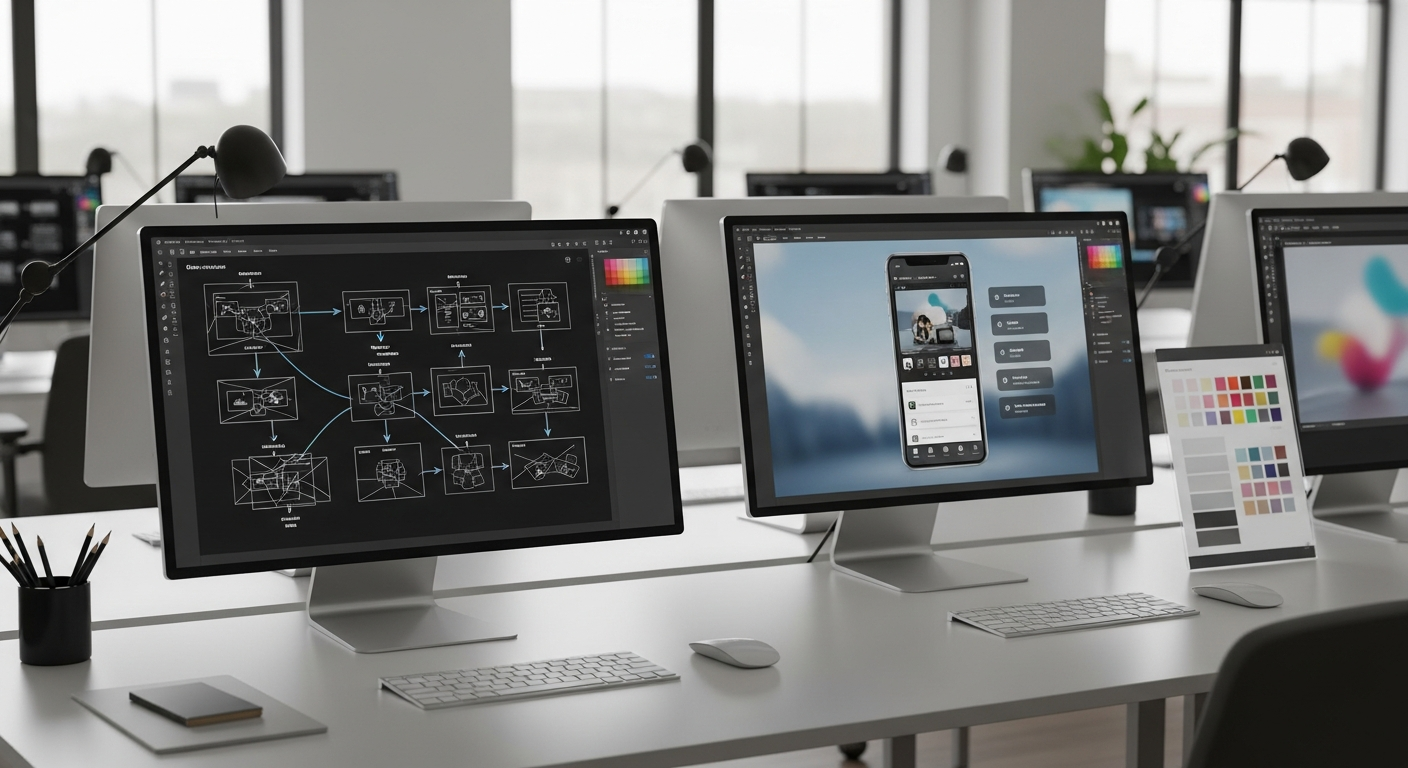 UI/UX design studio with wireframes and prototypes
